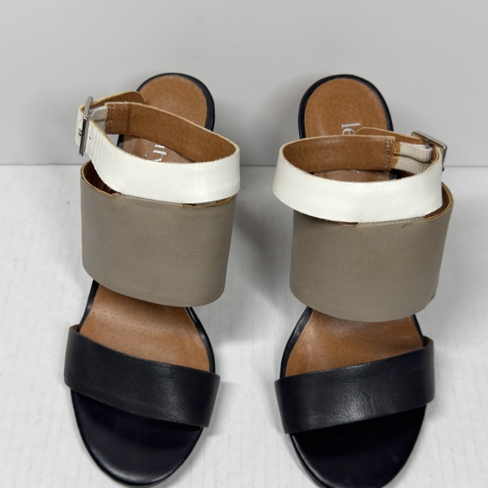 Levity Leather Sandals in Black, Cream, & Tan 3 1/2” Block Heels Size 6M